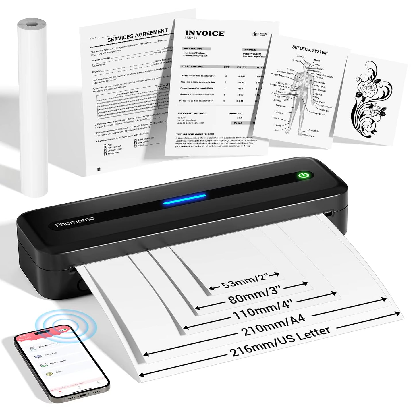 Multifunctional A4 Thermal Printer Bluetooth & Type-C Connection Compact Portable Mobile Printer for Travel Home Mobile Office