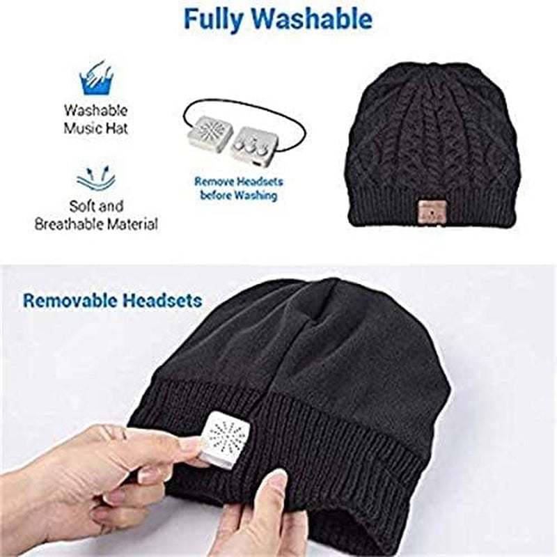 Wireless Bluetooth Beanie Hat Headphone Winter Warm Soft Knit Cap with Wireless Headphone Speaker Mic Hands Free for Iphone Android Cell Phones Black