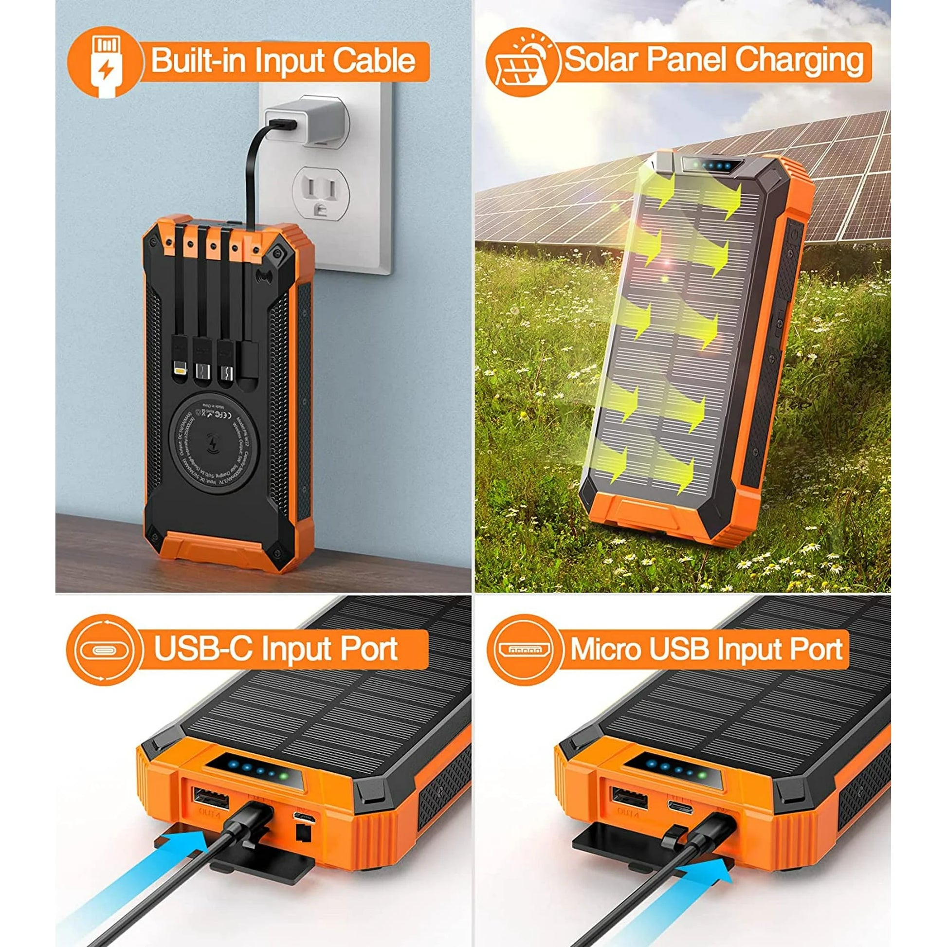 36000Mah Solar Charger Power Bank with 4 Cables, 15W Fast Charging Portable Charger for Cell Phone, Wireless Charger Solar Battery Pack with Dual Flashlights, Carabiner