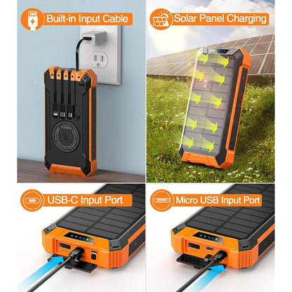 36000Mah Solar Charger Power Bank with 4 Cables, 15W Fast Charging Portable Charger for Cell Phone, Wireless Charger Solar Battery Pack with Dual Flashlights, Carabiner