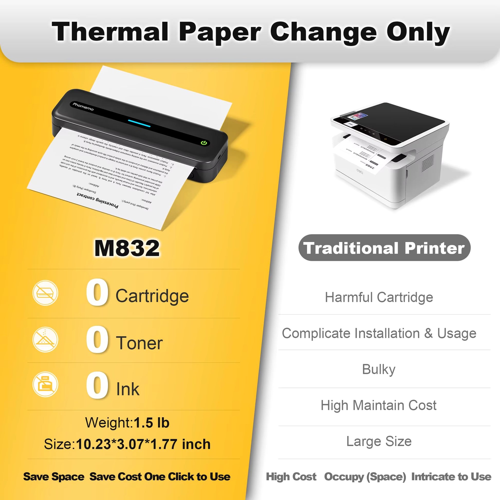 A4 Inkless Printer M832 BT Wireless 300DPI Rechargeable Thermal Printer Support 5 Size Paper for Travel Mobile Study and Work