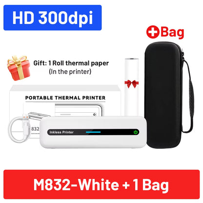 A4 Inkless Printer M832 BT Wireless 300DPI Rechargeable Thermal Printer Support 5 Size Paper for Travel Mobile Study and Work