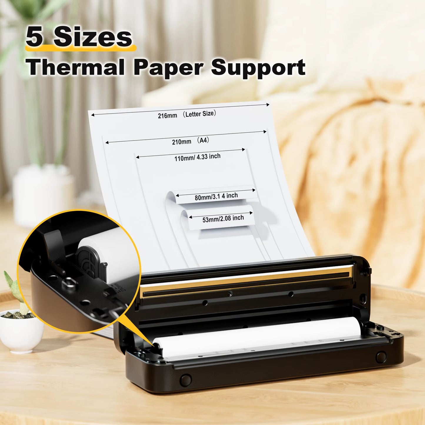 A4 Inkless Printer M832 BT Wireless 300DPI Rechargeable Thermal Printer Support 5 Size Paper for Travel Mobile Study and Work