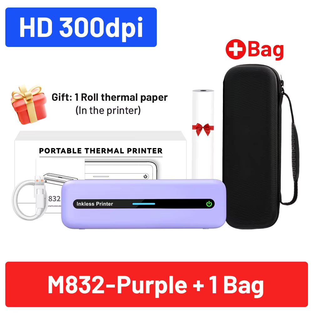 A4 Inkless Printer M832 BT Wireless 300DPI Rechargeable Thermal Printer Support 5 Size Paper for Travel Mobile Study and Work