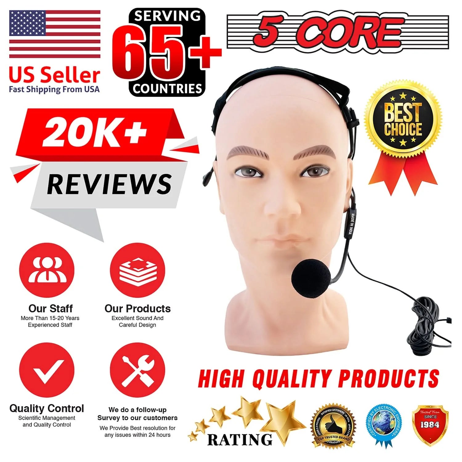 5 Core Headset Microphone Professional Flexible Boom Wired Hands Free Mic 1/4" Connector Jack