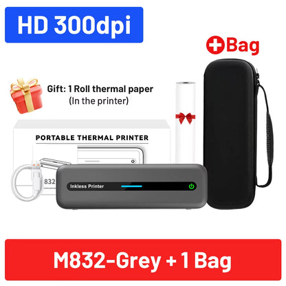 A4 Inkless Printer M832 BT Wireless 300DPI Rechargeable Thermal Printer Support 5 Size Paper for Travel Mobile Study and Work