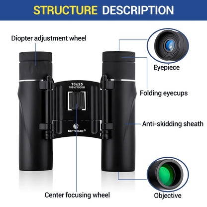 Binoculars for Adult and Kids, 10X25 Compact Binoculars for Bird Watching and Hunting Waterproof/Fogproof/Shockproof Binoculars,Black