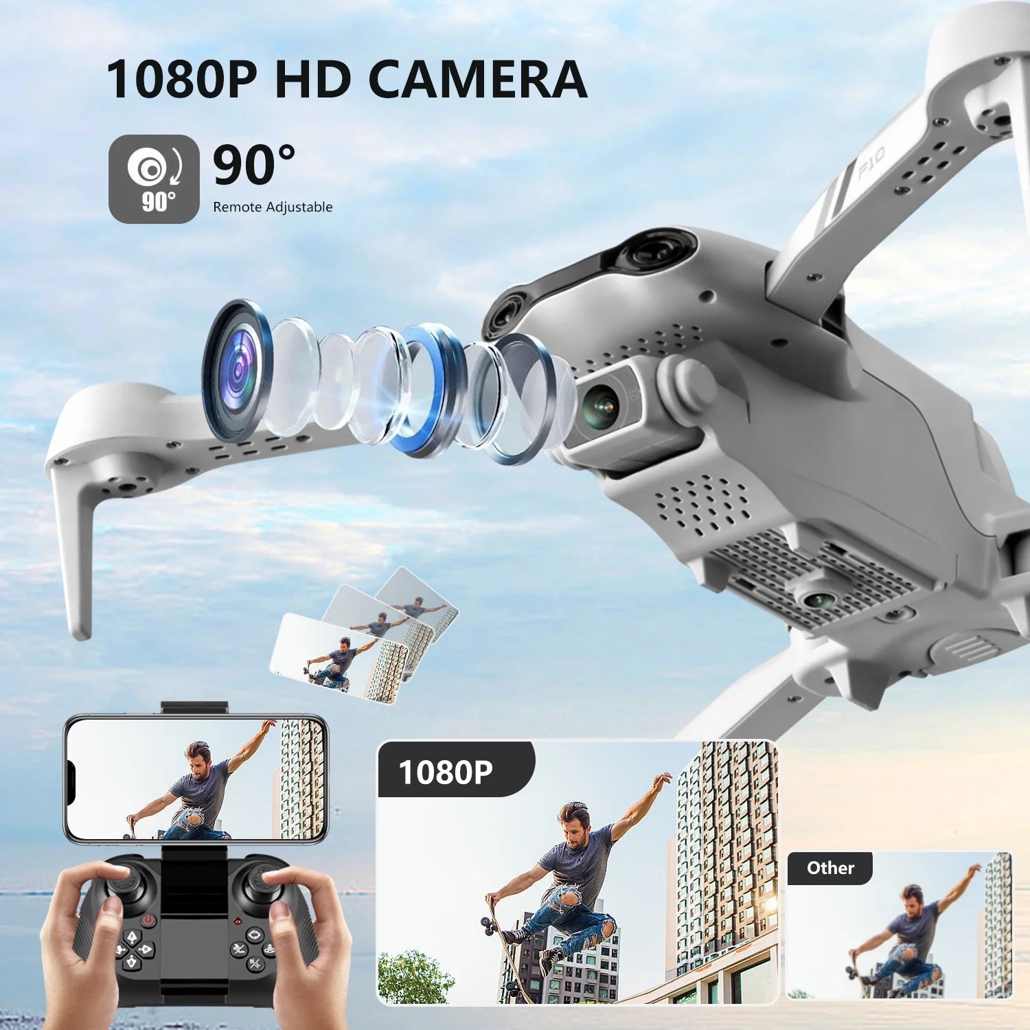 F10-1080P Wifi FPV Drone with 1080P HD Camera, Headless Mode/3D Flips, RC Quadcopter for Beginners Silver White