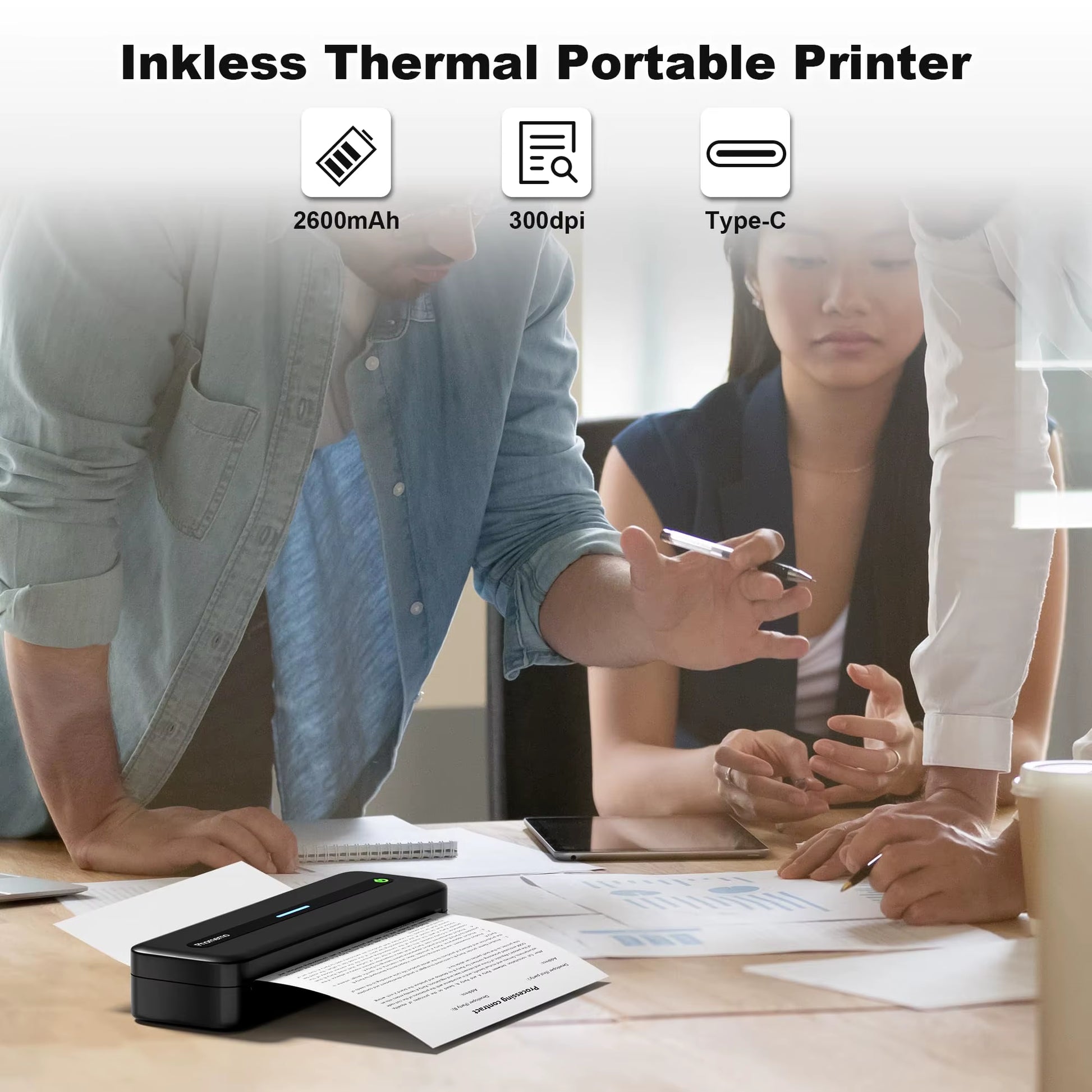 A4 Inkless Printer M832 BT Wireless 300DPI Rechargeable Thermal Printer Support 5 Size Paper for Travel Mobile Study and Work